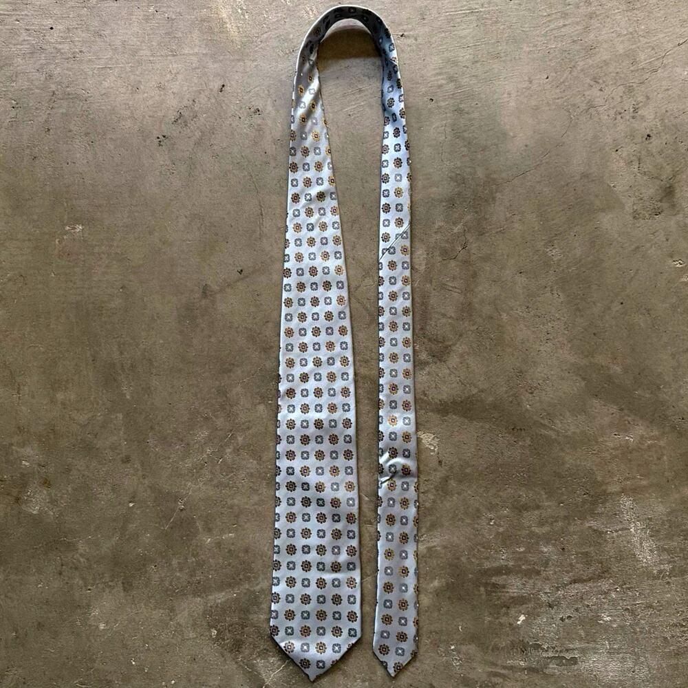Ermenegildo Zegna Geometric Silk Tie Light Blue Brown Gray Woven Logo Men's